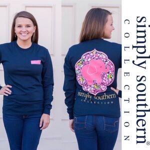 Simply Southern | Navy and Pink Long Sleeve Elephant Daisy Tee | Size Medium